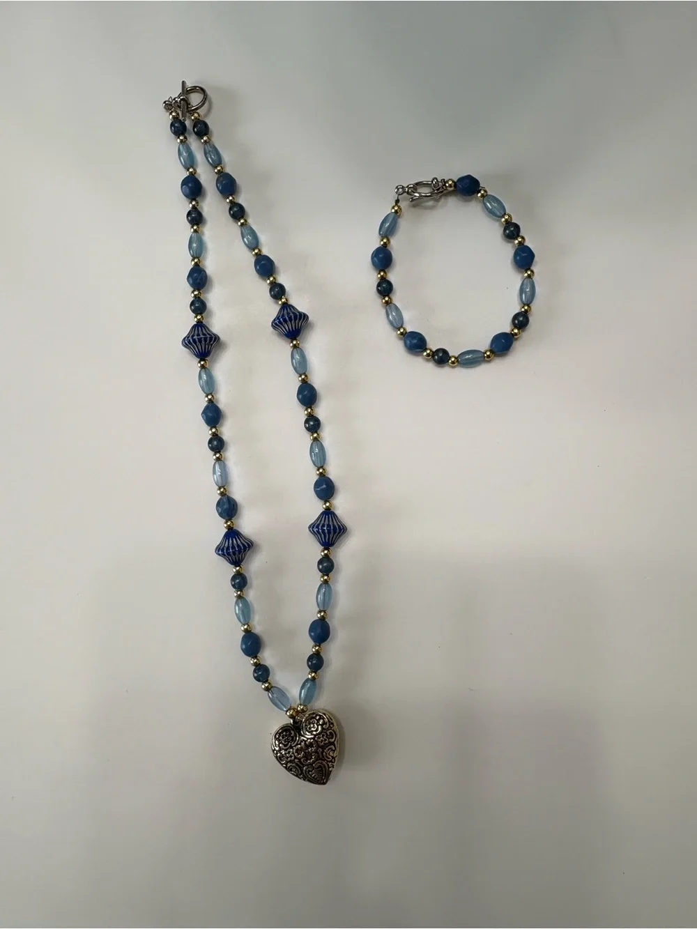 Blue Beaded Heart Pendant Necklace and Bracelet Set